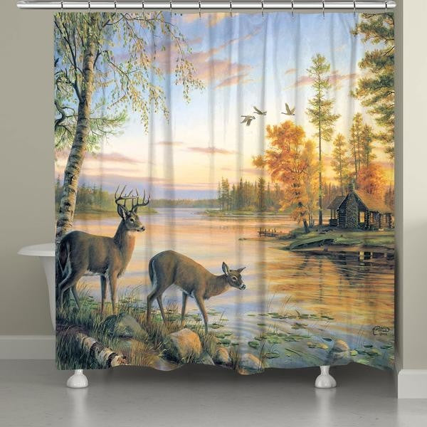 Deer on Sunet Lake Shower Curtain