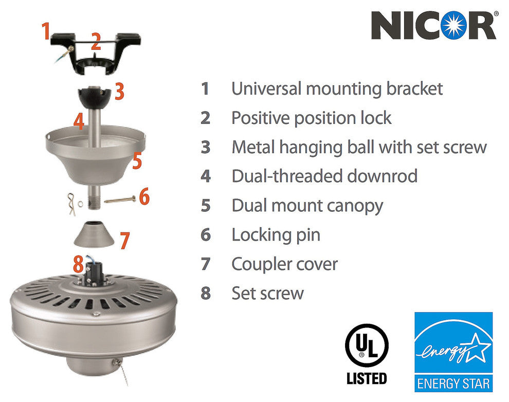 NICOR ES52MASPW 52 in. Pewter Ceiling Fan with Silver Oak Blades