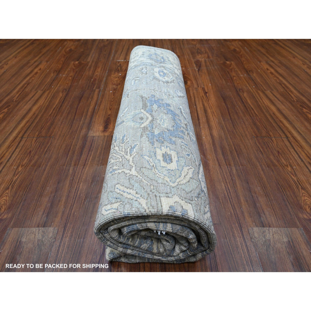 Electric Gray Heris Serrated Leaf Pattern Wool Hand Knotted Rug, 7'10"x9'9"