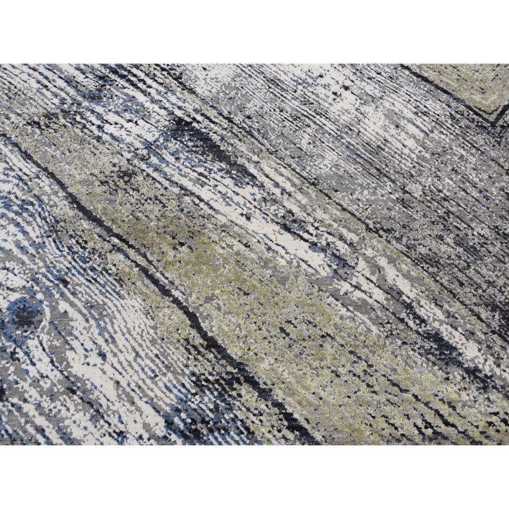 Gray, THE WOOD GRAIN Design, Silk With Wool, Hand Knotted Rug, 9'x12'1"