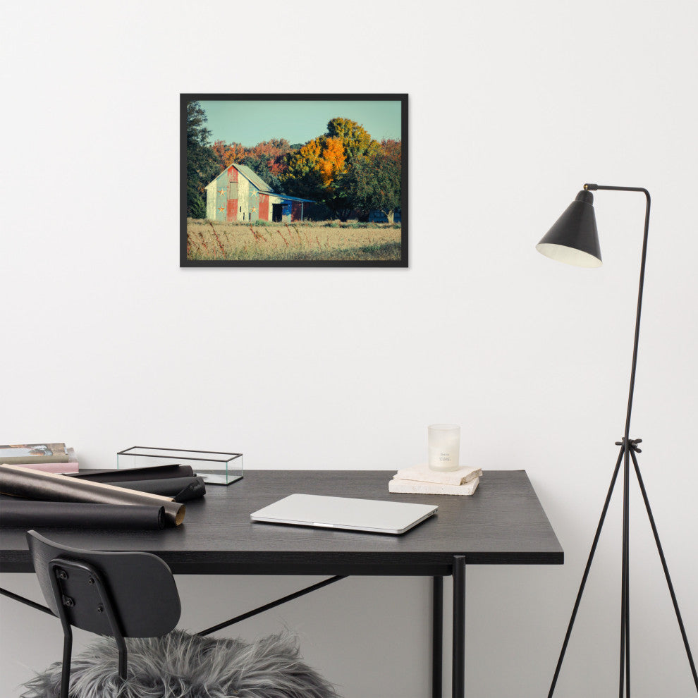 Patriotic Weathered Barn in Field Cross Processed Framed Photo Wall Art Prints, Black, 18" X 24"