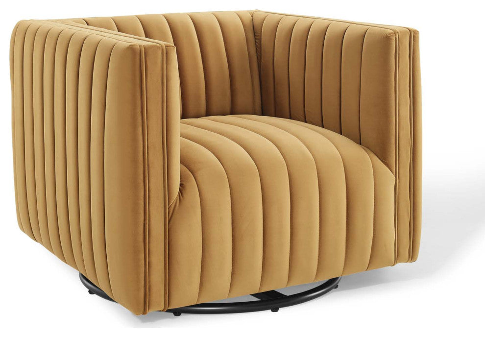 Conjure Channel Tufted Performance Velvet Swivel Armchair Cognac