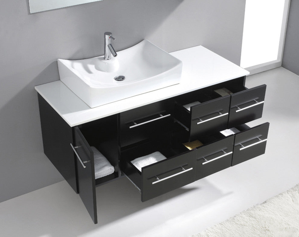 Ceanna 55" Single Bathroom Vanity Set, Espresso, White Engineered Stone Countert