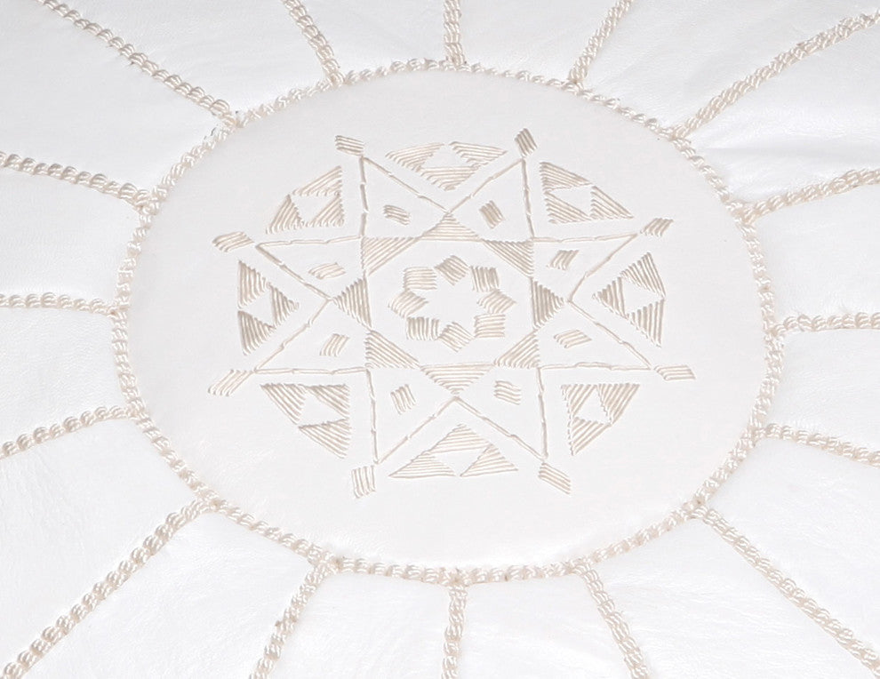 Moroccan Leather Pouf Ottoman, White, Stuffed