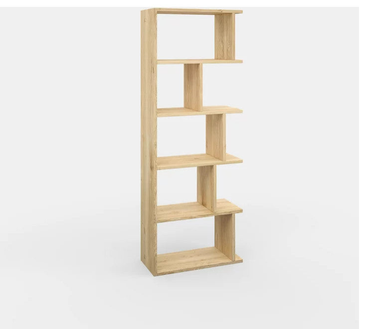 Modern Bookcase, Unique Geometric Design With 5 Cubbies & Bayside Shelves, Oak