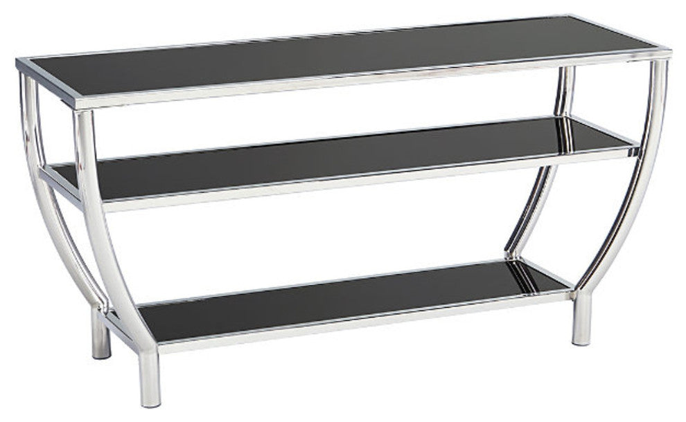 Steel TV Stand with Three Fixed Glass Shelves, Black and Silver