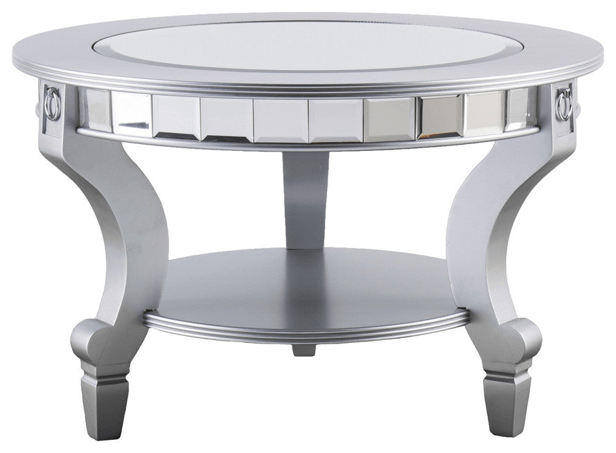 29" Silver Mirrored And Metal Round Mirrored Coffee Table