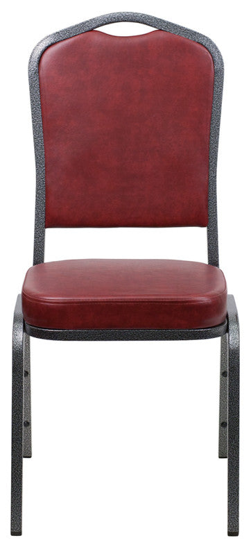 Crown Back Stacking Banquet Chair in Burgundy Vinyl-Silver Vein Frame