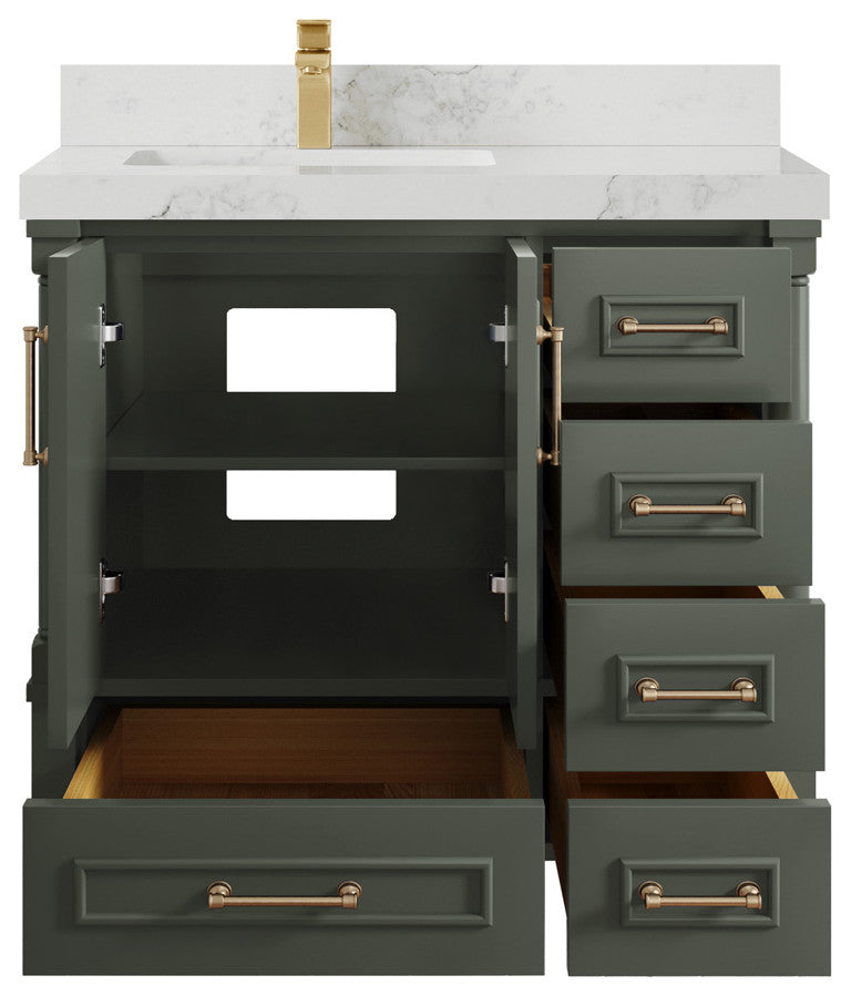 Aberdeen 36 Left Offset Bath Vanity in Pewter Green 2" Calacatta Nuvo