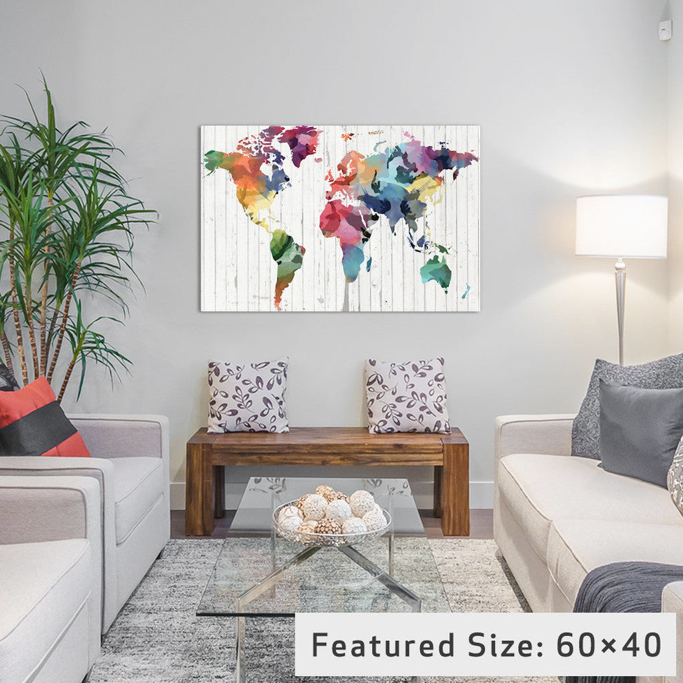 "Wood Watercolor World Map Gallery" by iCanvas, 40x26x1.5"