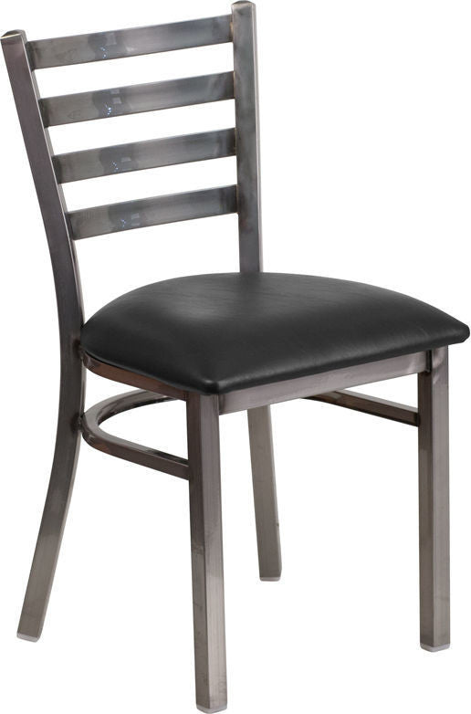 Clear Coated Ladder Back Metal Restaurant Chair, Black Vinyl Seat