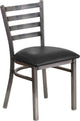 Clear Coated Ladder Back Metal Restaurant Chair, Black Vinyl Seat