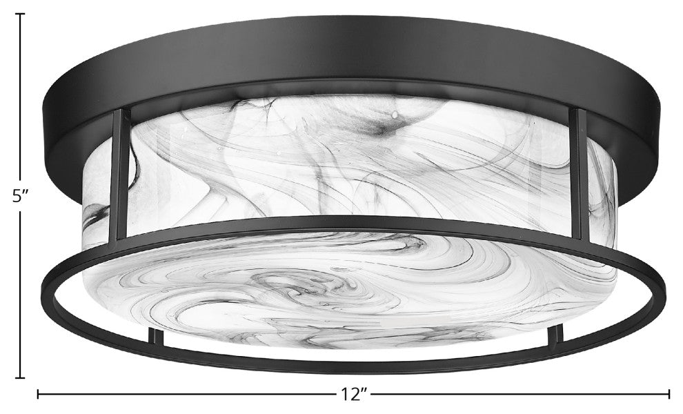 12" 2-Light Flush Mount Light, Matte Black, Onyx Swirl Glass