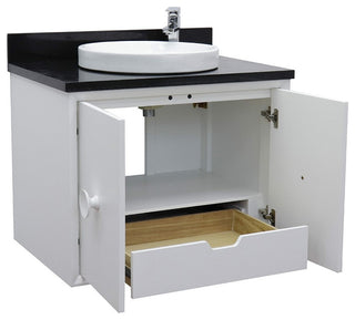 31" Single Wall Mount Vanity, White Finish With Black Galaxy Top