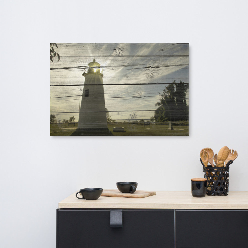 Faux Rustic Reclaimed Wood Turkey Point Lighthouse Canvas Prints, 24" X 36"