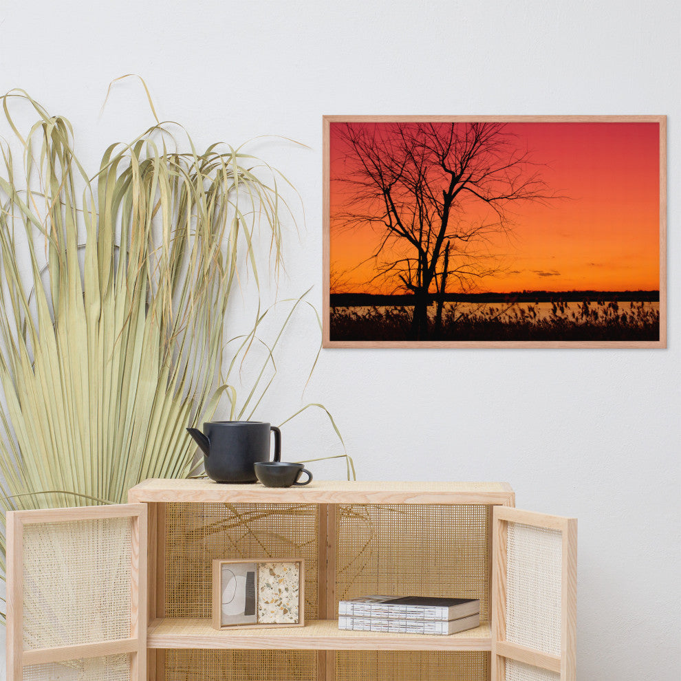Burning Skies Rural Landscape Framed Photo Paper Wall Art Print, Red Oak, 24" X 36"