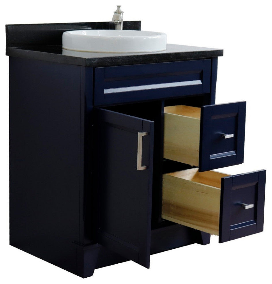 31" Single Sink Vanity, Blue Finish With Black Galaxy Granite With Round Sink