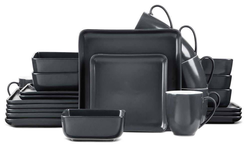 Stone Lain Amy Porcelain Plates and Bowls Sets, 24 Piece Dinnerware Set, Gray