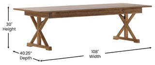 HERCULES 9' x 40" Rectangular Solid Pine Farm Table with X Legs, Antique Rustic