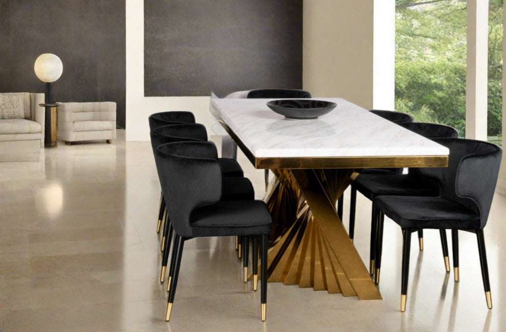 Waterfall Rectangle Marble Top Dining Table With Chairs, Silver/Black