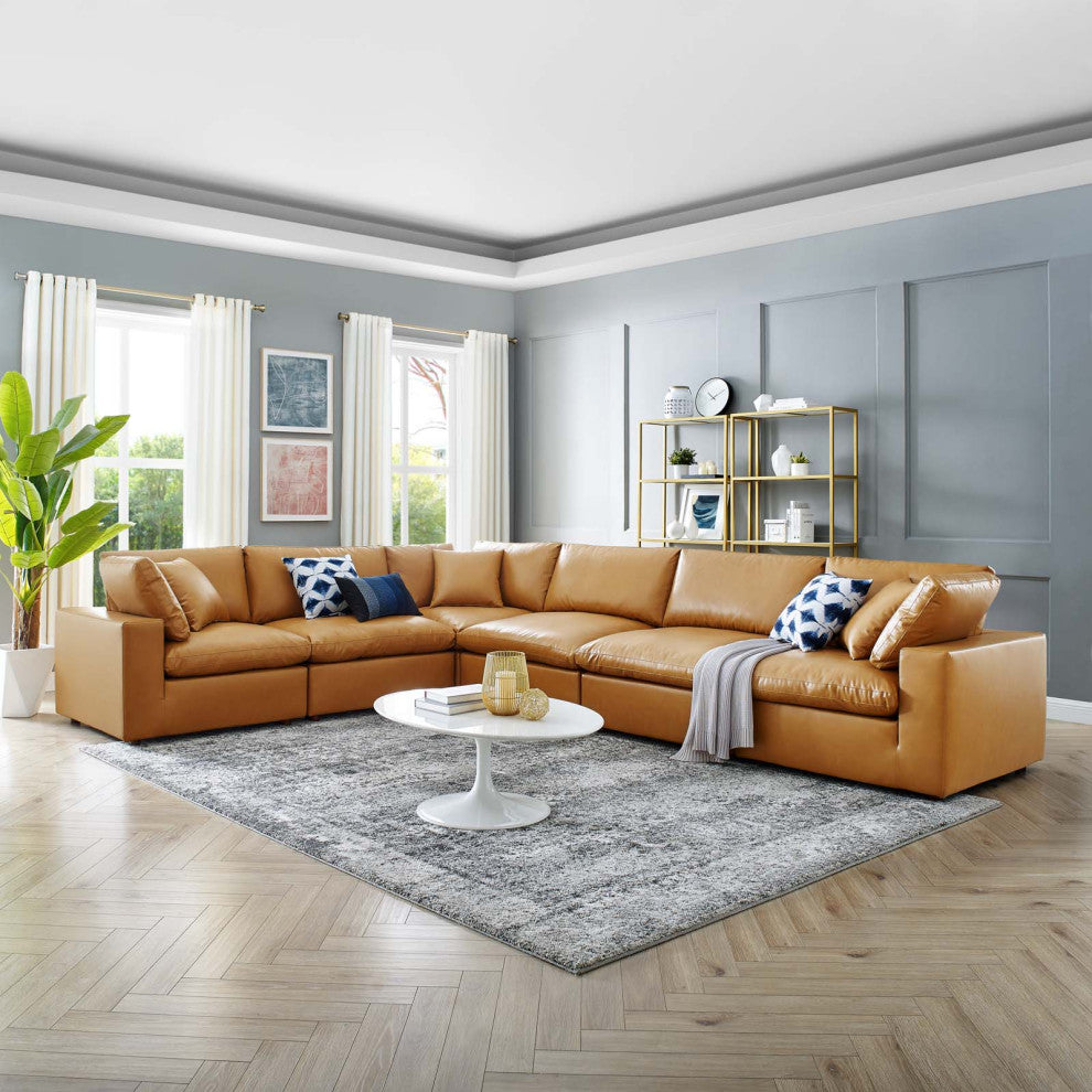 Commix Down Filled Overstuffed Vegan Leather 6-Piece Sectional Sofa - Tan