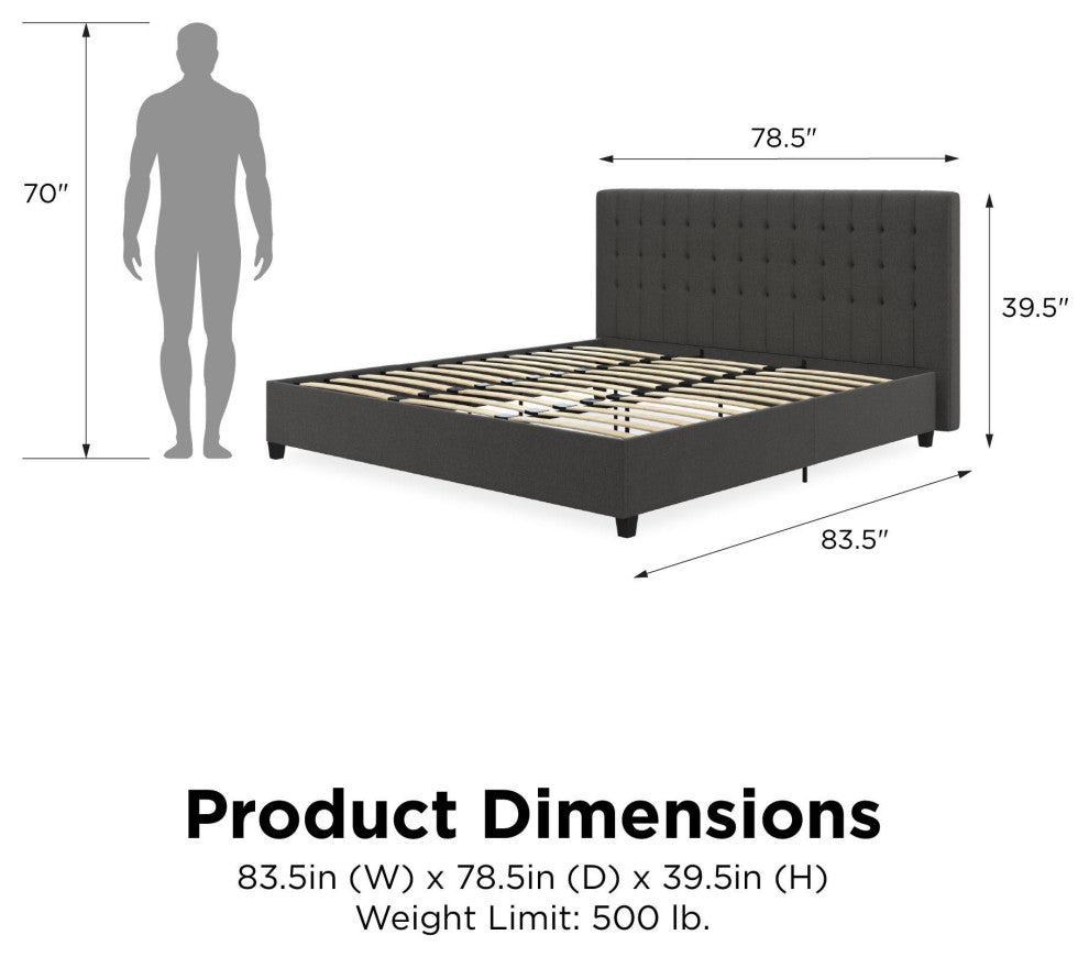King Platform Bed, Bentwood Slats & Tufted Linen Upholstered Headboard, Gray