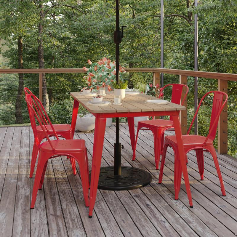 Declan Commercial Indoor/Outdoor Dining Table with Umbrella Hole, 30" x 60", Brown/Red