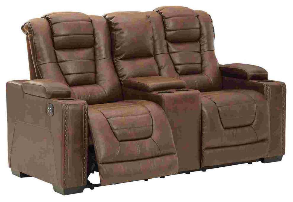Benzara BM262327 Power Recliner Loveseat With Adjustable Storage Headrest, Brown