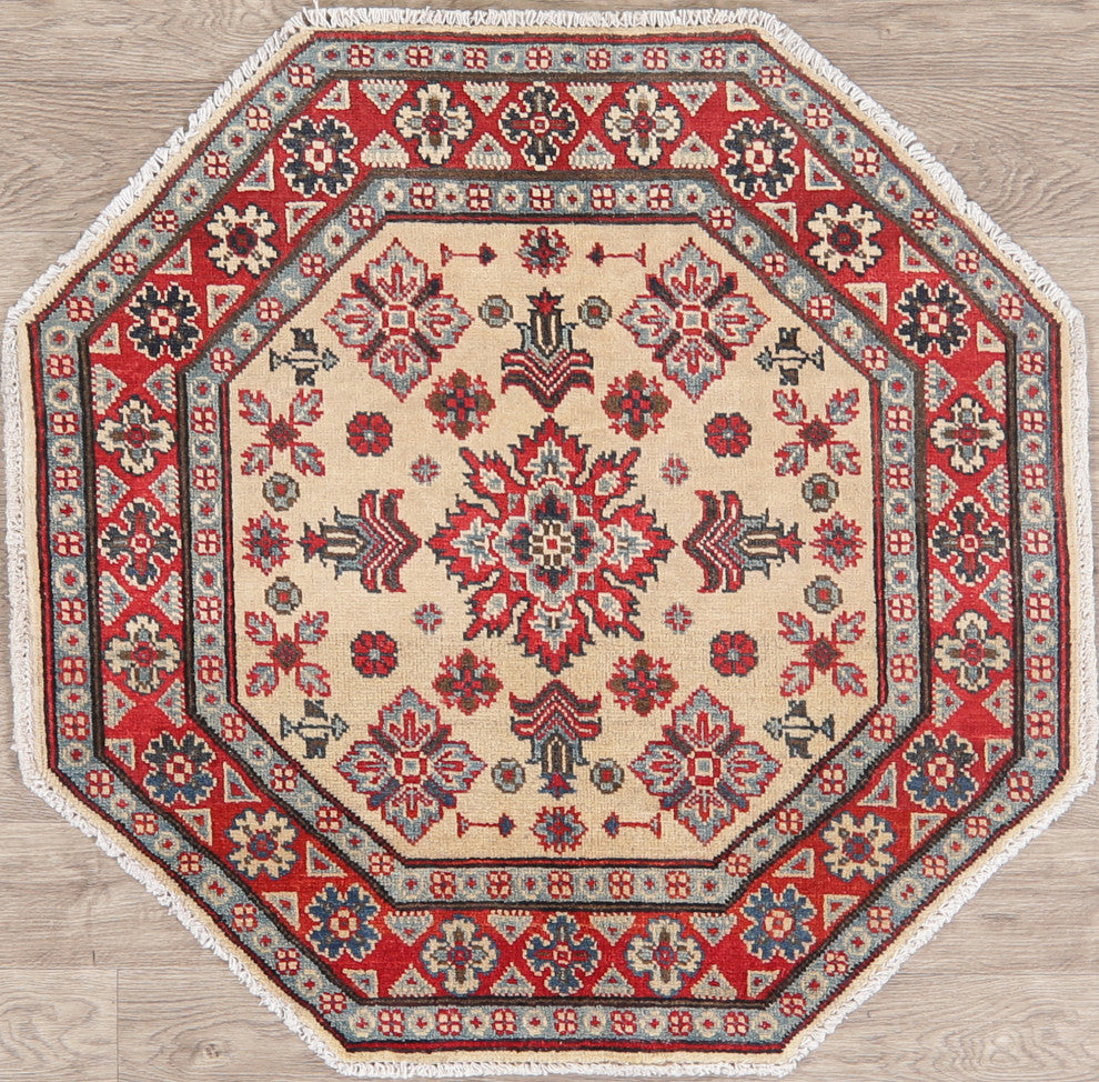 Kazak Oriental Pakistani Traditional Hand Made Area Rug, Beige, 3'3"x3'4