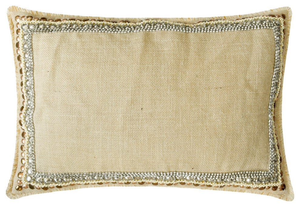 Beige Burlap 12"x14" Lumbar Pillow Cover Lace Beads Sequins Embroidery - Soraya