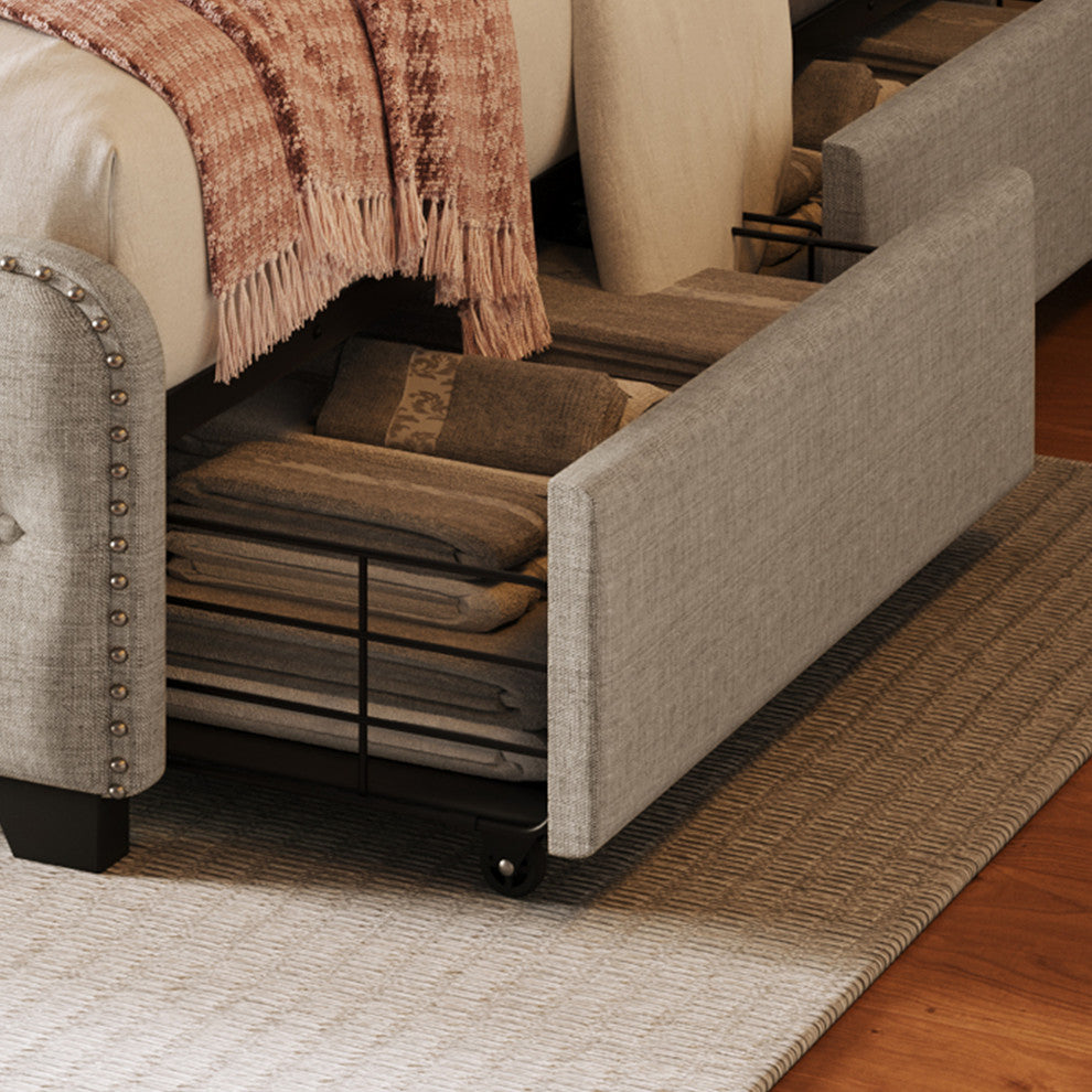 Metal Platform Bed with Headboard, Upholstered and 4-Drawer, Beige, 84.6" X 79.5"