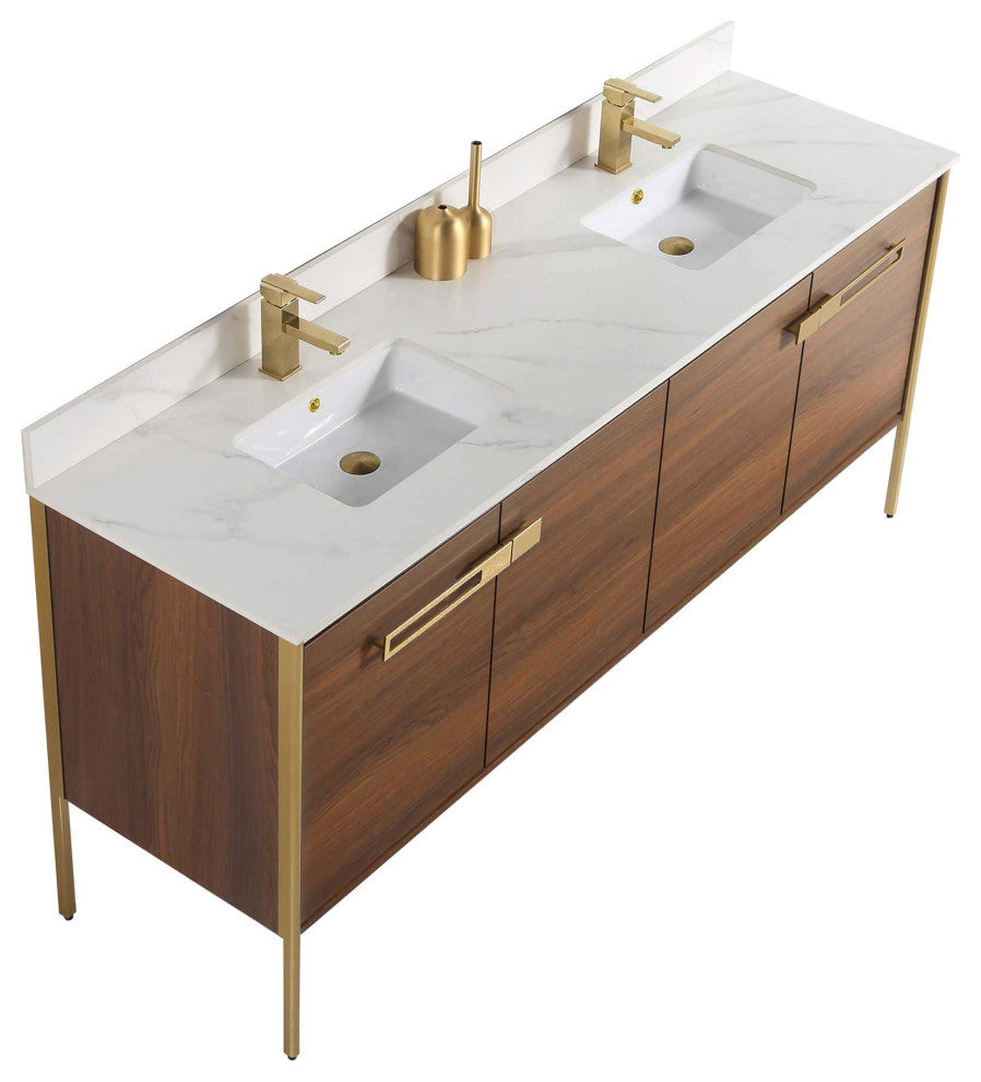 Oakville Bath Vanity, Ceramic Sink, Walnut Ebony, 72 Inch, Satin Brass Hardware