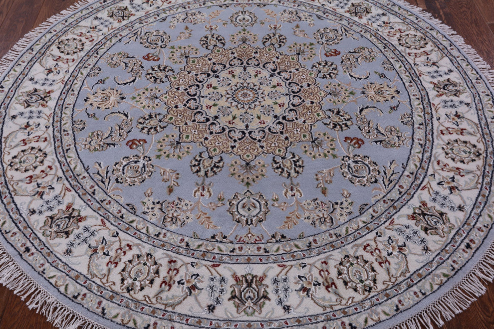 6' Round Persian Nain Wool & Silk Handmade Rug - Q14746