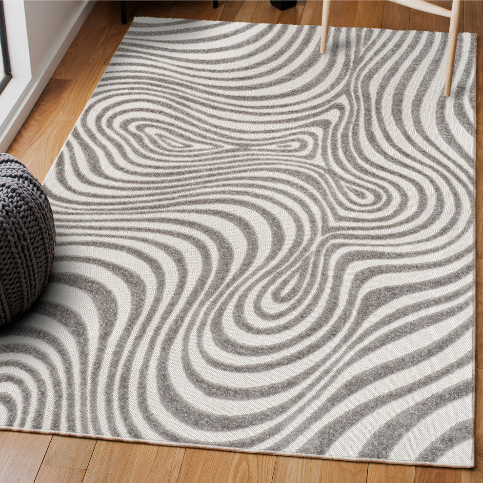 High-Low Groovy Striped Gray/Ivory 4 ft x 6 ft Indoor/Outdoor Area Rug