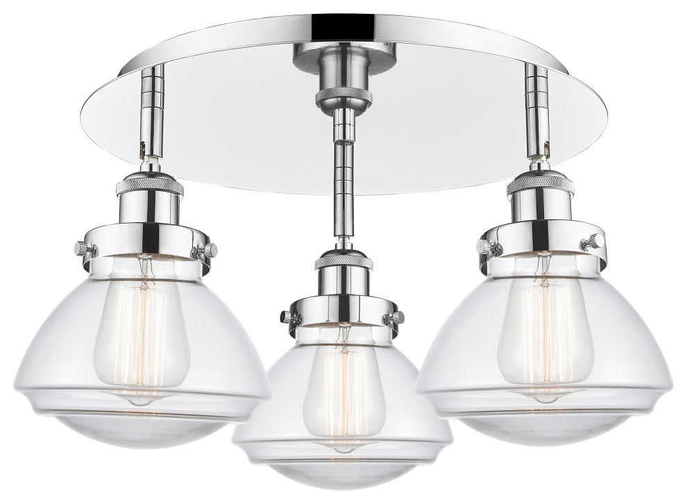 Olean-3 Light 18" Flush Mount-Polished Chrome, Clear Glass Shade