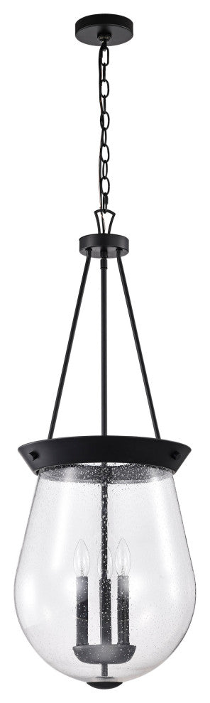 Boliver 3 Light Pendant, 14", Matte Black Finish, Clear Seeded Glass