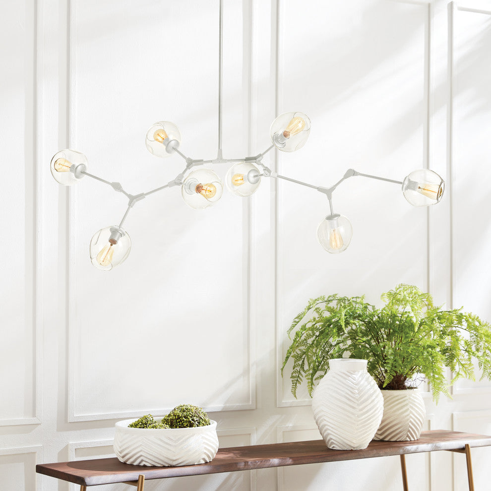 Midcentury Modern 8 Light White Chandelier Abstract Burst Glass Shade Adjustable