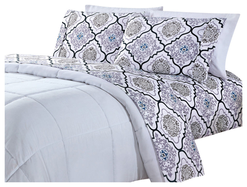 Bibb Home 4 Piece Printed Microfiber Sheet Set, Lilac Medallion, Twin