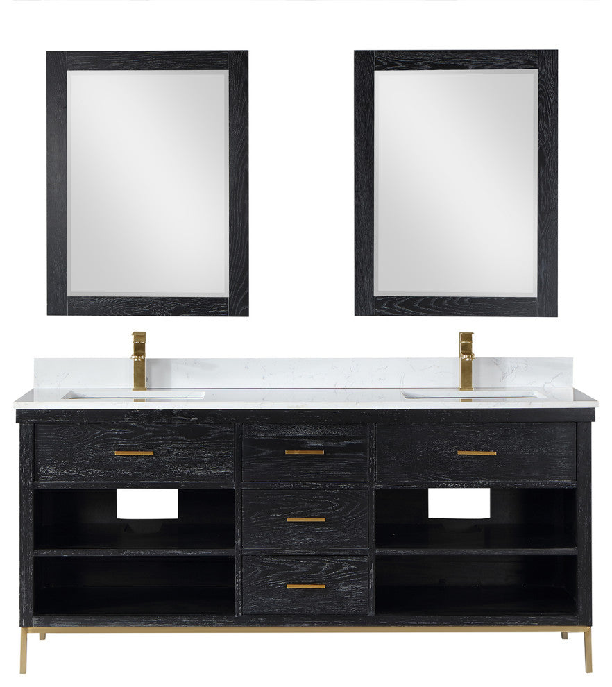 Kesia Black Oak Bathroom Vanity Set, 72", With Mirror