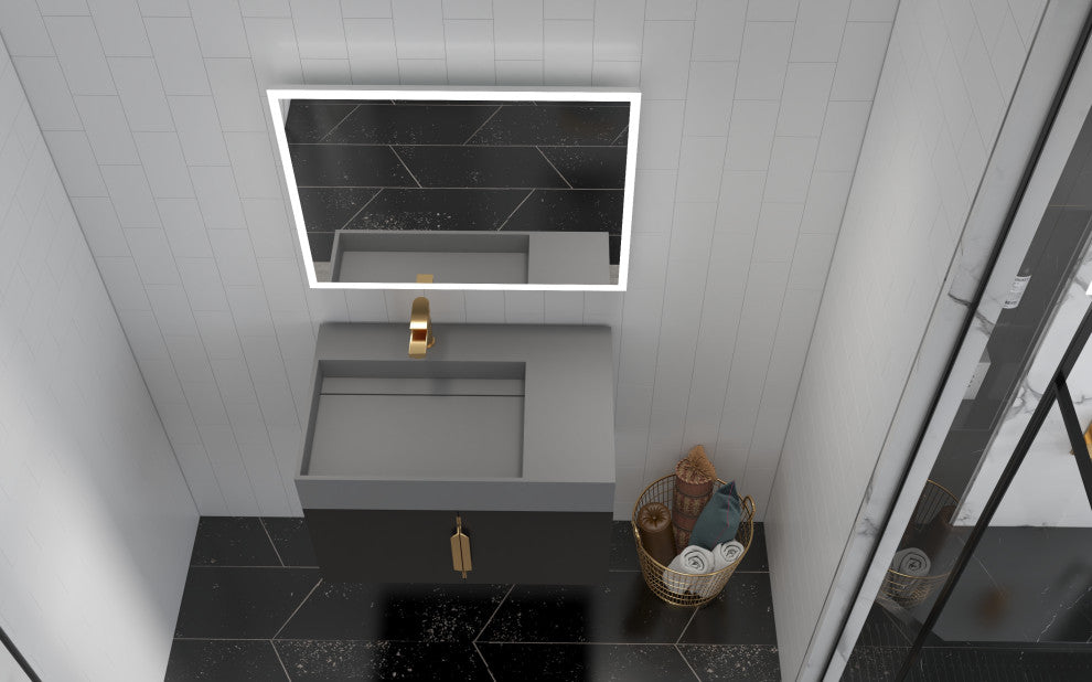 CastelloUSA Amazon 30" Left Wall Mounted Bathroom Vanity Set, Black, Gray Top, Gold Handles