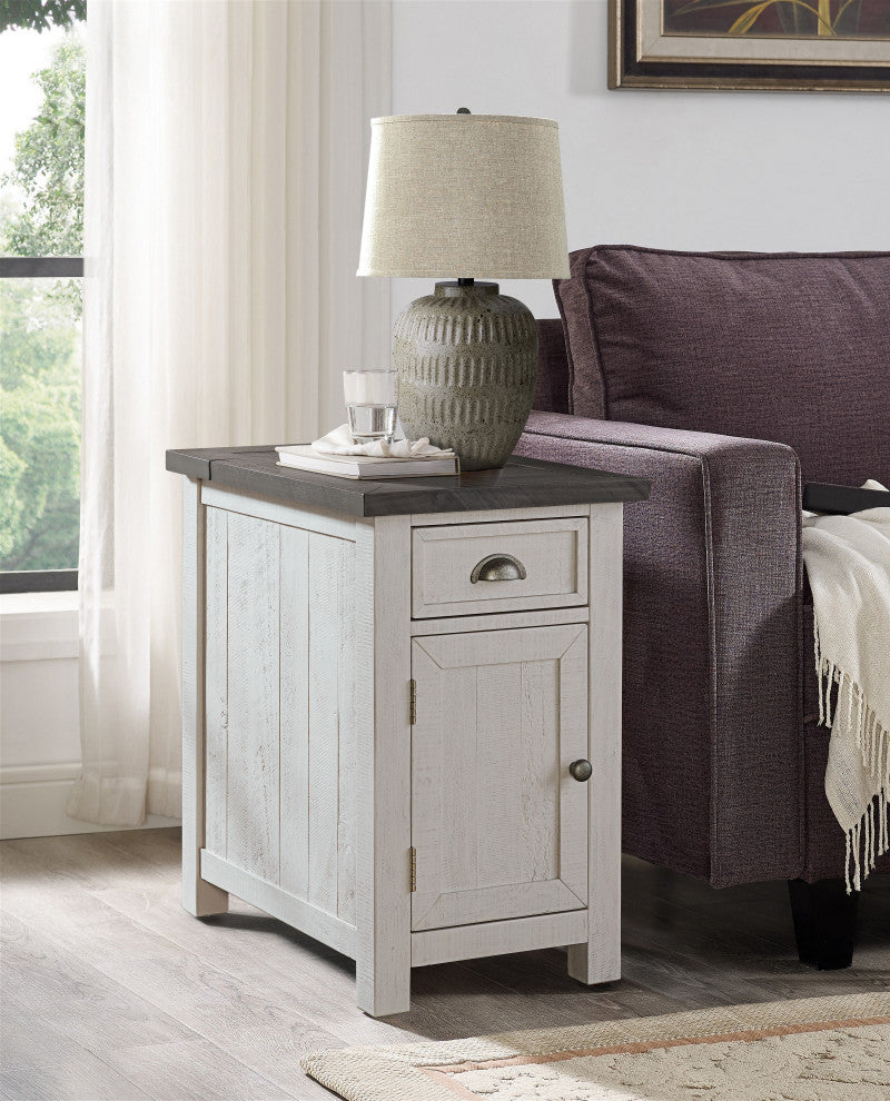 Monterey Chairside Table with USB and 3-prong Charging Station, Two-Tone White and Grey