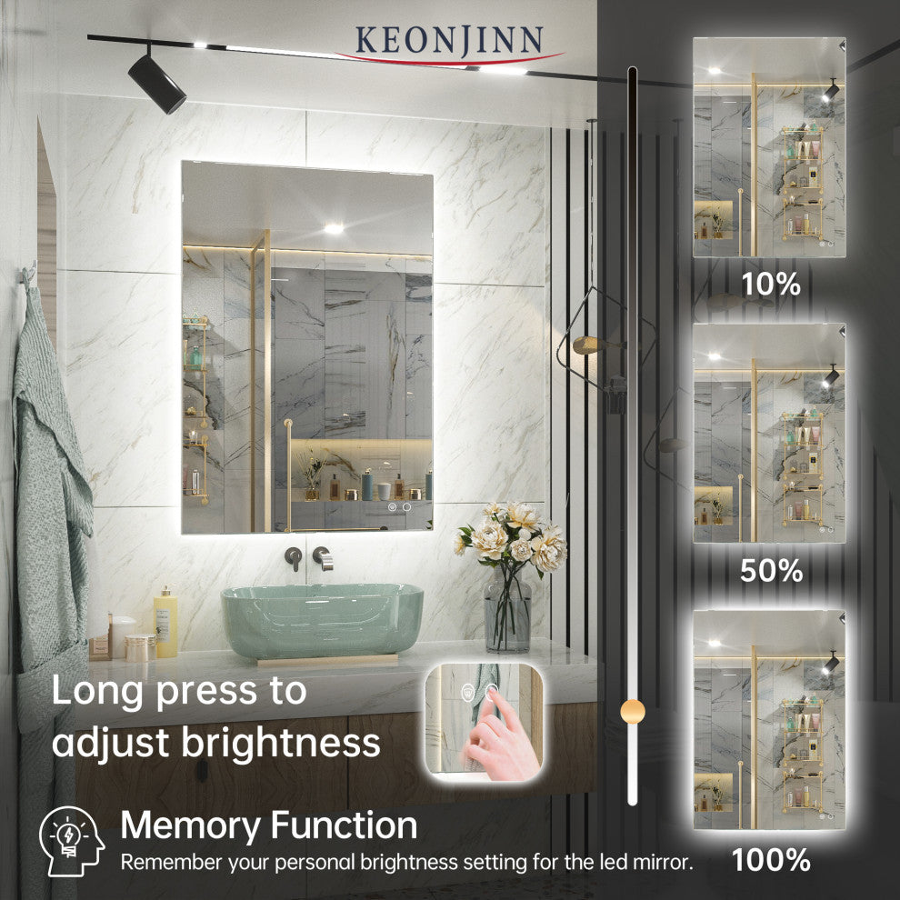 Backlit LED Mirror for Bathroom, Anti-Fog Dimmable, Silver, 24x36