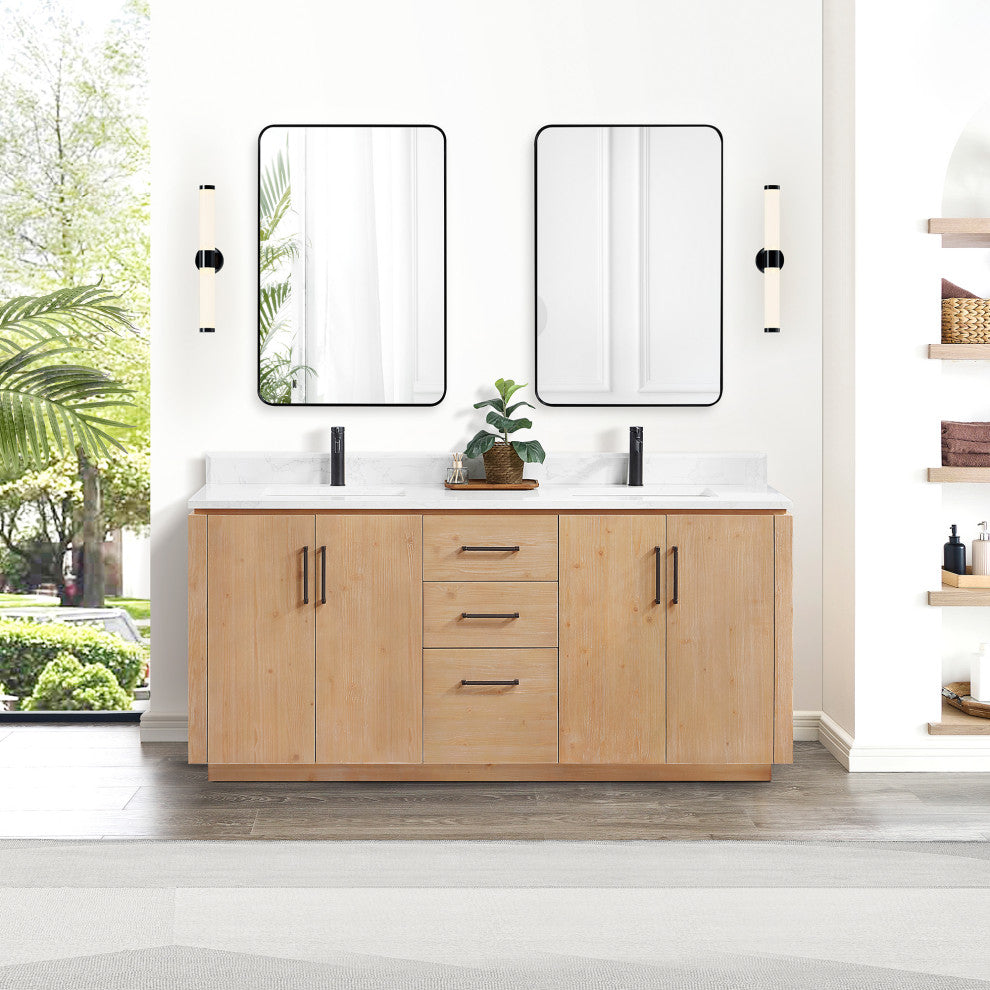 San Bath Vanity with Stone Top, Fir Wood Brown, 72", Double Vanity, No Mirror