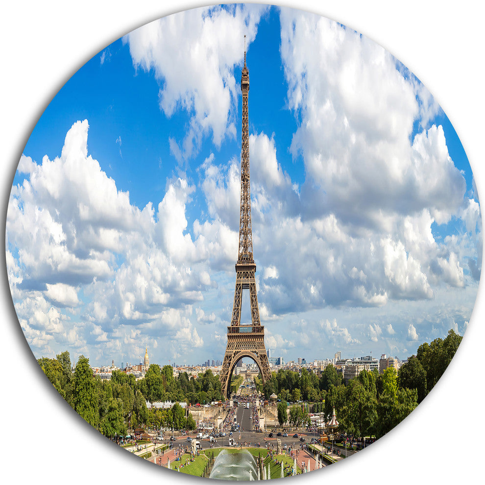 Panoramic Paris Eiffel Tower Under Clouds, Round Metal Wall Art, 11"