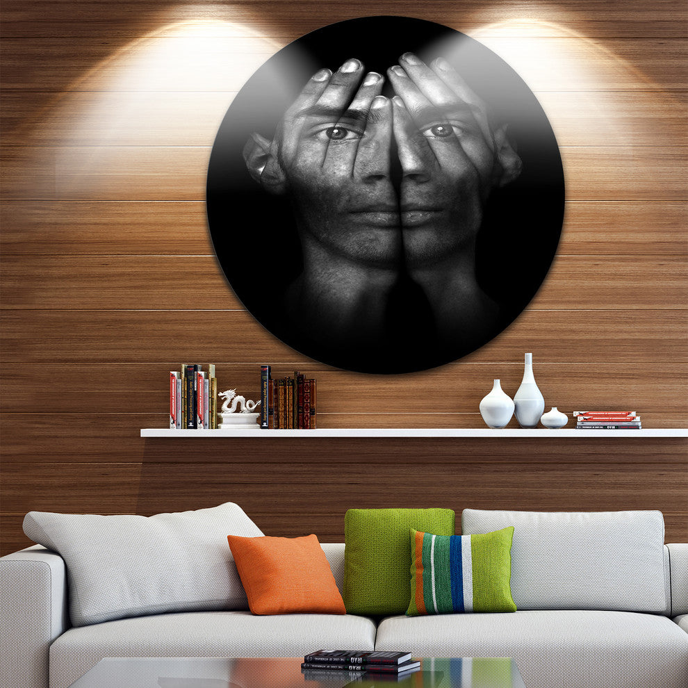 Hands Covering Eyes, Abstract Digital Art Round Metal Wall Art, 23"