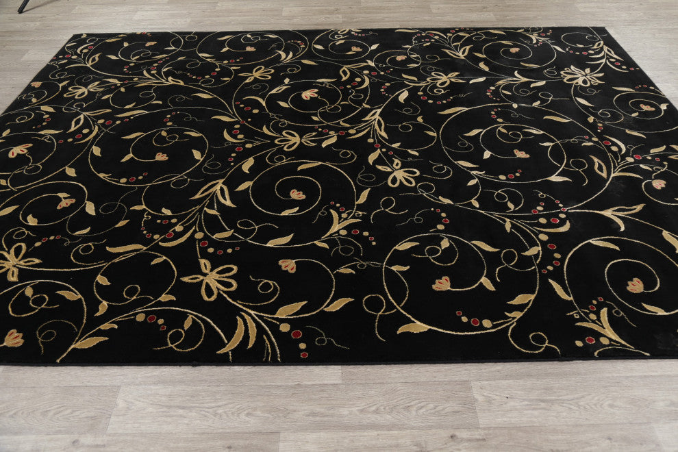 Modern Nature & Floral Carpet Transitional Turkish Area Rug, Black, 8x11