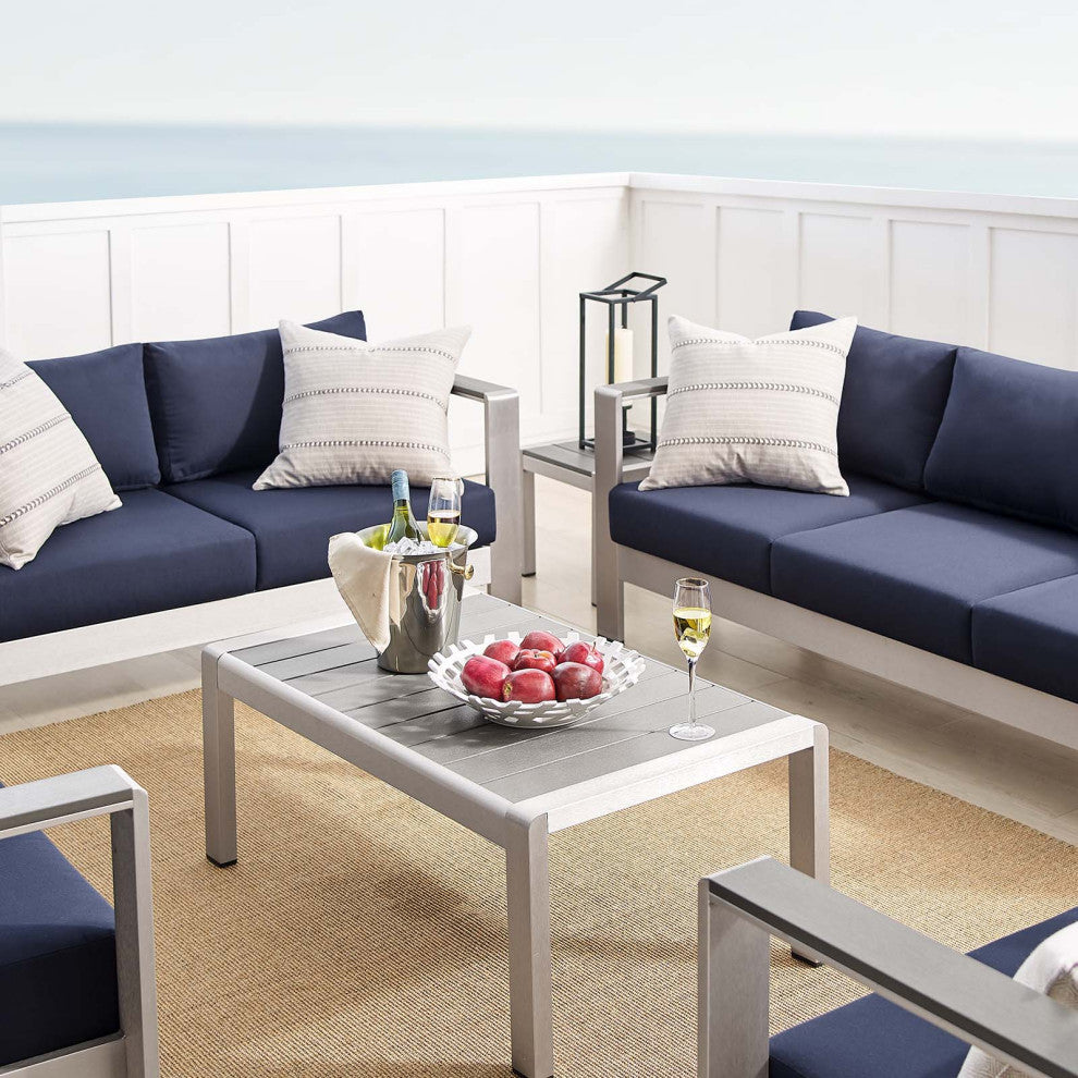 Sectional Sofa Chair Table Set, Sunbrella, Aluminum, Silver Blue Navy, Outdoor