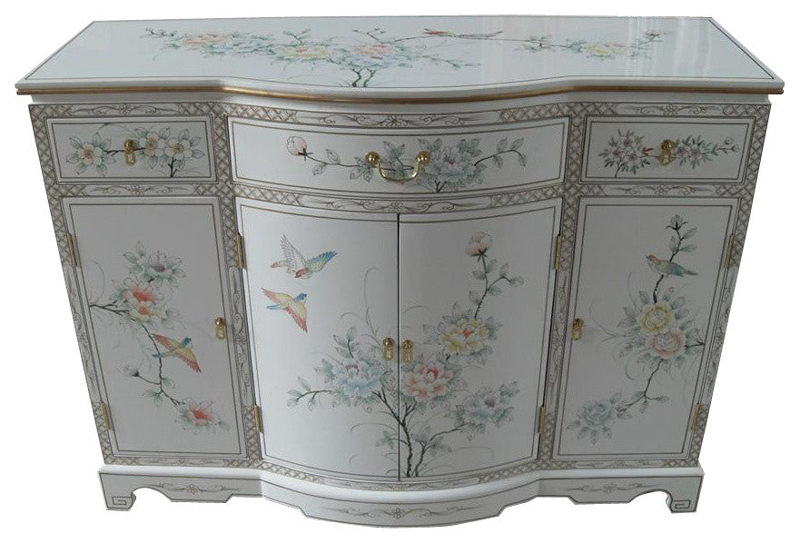Oriental Lacquer Cabinet with Rounded Center and Hand Painted Floral 48"W