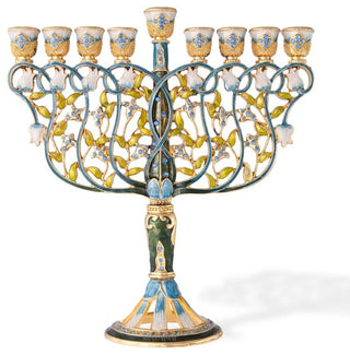 Tall Hand Painted Menorah Candelabra with a Intertwining Flowers Design, 7.5"