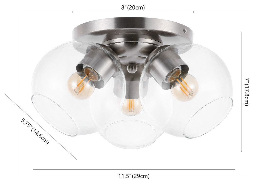 Iris 11.5" 3-Light Farmhouse Rustic Iron/Glass LED Semi Flush Mount, Nickel